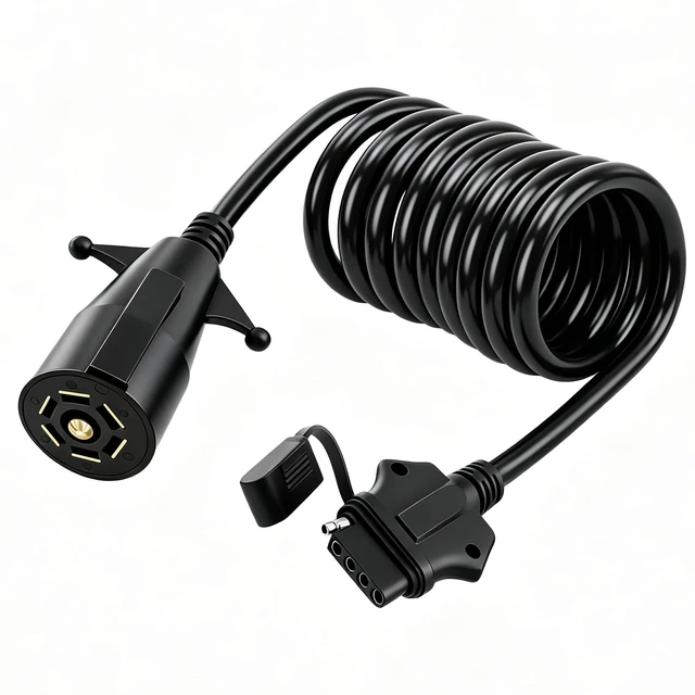 Main image of 7 Way Round to 5 Way Flat Coiled Trailer Adapter 7 Pin to 5 Pin Heavy Duty Coiled Trailer Wiring Adapter with Pure Copper Conductors,Weatherproof Design,Plug-and-Play Installation(5FT)