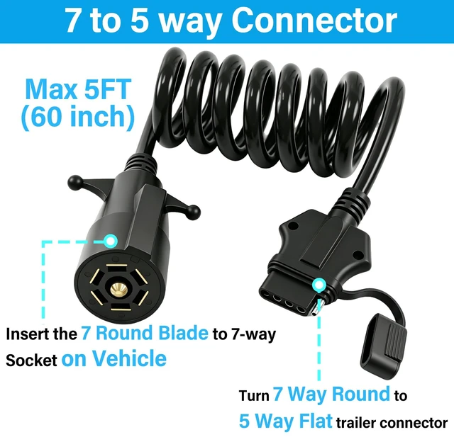Alt view image 2 of 7 - 7 Way Round to 5 Way Flat Coiled Trailer Adapter 7 Pin to 5 Pin Heavy Duty Coiled Trailer Wiring Adapter with Pure Copper Conductors,Weatherproof Design,Plug-and-Play Installation(5FT)