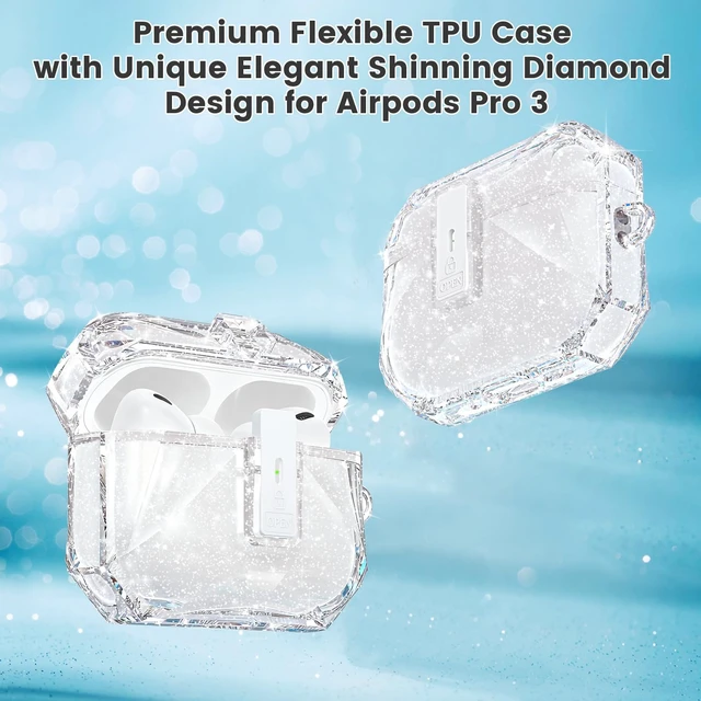 Alt view image 2 of 6 - for Airpods Pro 3 Case Clear Glitter,Cute Diamond Shinning Design Shockproof TPU Skin for Airpods pro 3rd Generation Case Cover 2025,Secure Lock&Auto Pop-up, with Carabiner&Cleaning Pen-Clear