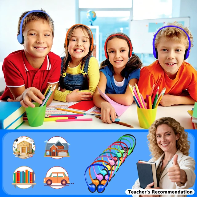 Alt view image 7 of 7 - Bulk Headphones for Classroom 10 Pack, Wired On Ear 3.5mm Jack Kids Headphones for School Library Pad Chromebook Mixed Colors