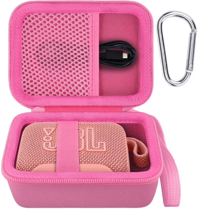 Main image of Hard Carrying Case for JBL Go 5 Ultra Portable Speaker, Pink Travel Case with Carabiner & Hand Strap, Shockproof Portable Storage Bag, Hard EVA Shell with Soft Velvet Lining, Case Only