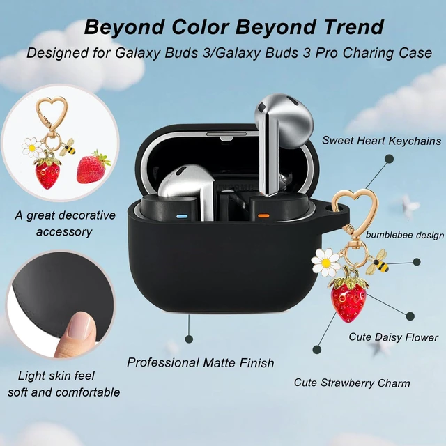 Alt view image 4 of 7 - for Samsung Galaxy Buds 3 & Galaxy Buds 3 Pro & Bud 3 FE Case Cover,Cute Strawberry Bee Daisy Charm Keychain,Soft Silicone Protective Cover for Samsung Galaxy Buds3 Series Charging Case Black