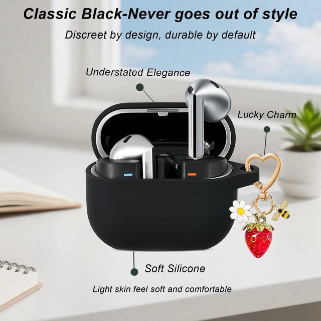 Alt view image 5 of 7 - for Samsung Galaxy Buds 3 & Galaxy Buds 3 Pro & Bud 3 FE Case Cover,Cute Strawberry Bee Daisy Charm Keychain,Soft Silicone Protective Cover for Samsung Galaxy Buds3 Series Charging Case Black