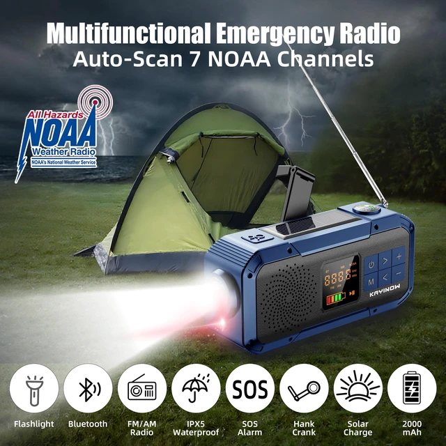 Alt view image 2 of 7 - Portable Emergency Radio with AM FM NOAA,Bluetooth Speaker,2000mAh Rechargeable Battery,USB-C Hand Crank Solar Charging,Clear Sound Quality,Flashlight,SOS Alarm for Storm Power Outages Camping