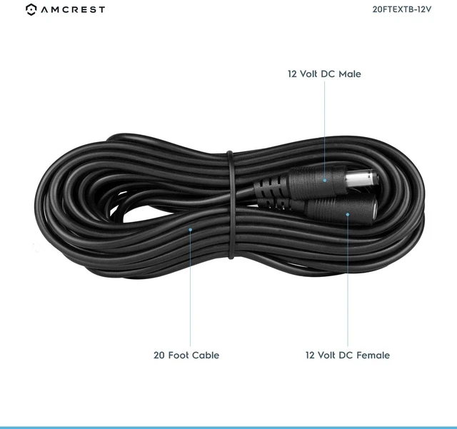 Alt view image 2 of 2 - Universal 12V DC Power Extension Cable (20ft) for Power Supply/Adapter/Outdoor Security Cameras, Compatible with All CCTV/IP Camera Brands, 5.5mm DC Plug, 20 Feet, Black (20FTEXTB-12V)