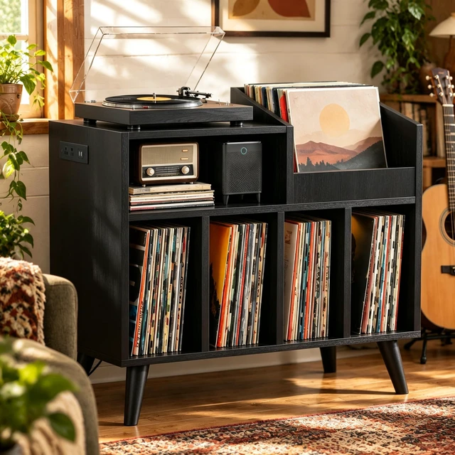Main image of Large Record Player Stand with Built-in Outlet and LED Light, Black Holds Up to 350 Albums, Record Player Table Cabinet with Open Vinyl, Wood Turntable Stand with Display Shelf for Living Room
