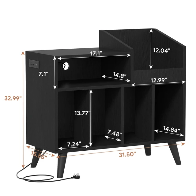 Alt view image 2 of 7 - Large Record Player Stand with Built-in Outlet and LED Light, Black Holds Up to 350 Albums, Record Player Table Cabinet with Open Vinyl, Wood Turntable Stand with Display Shelf for Living Room