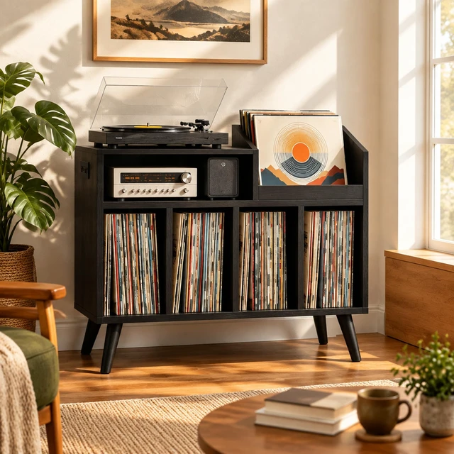 Alt view image 3 of 7 - Large Record Player Stand with Built-in Outlet and LED Light, Black Holds Up to 350 Albums, Record Player Table Cabinet with Open Vinyl, Wood Turntable Stand with Display Shelf for Living Room