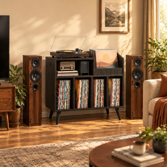Alt view image 4 of 7 - Large Record Player Stand with Built-in Outlet and LED Light, Black Holds Up to 350 Albums, Record Player Table Cabinet with Open Vinyl, Wood Turntable Stand with Display Shelf for Living Room