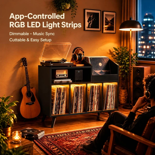 Alt view image 5 of 7 - Large Record Player Stand with Built-in Outlet and LED Light, Black Holds Up to 350 Albums, Record Player Table Cabinet with Open Vinyl, Wood Turntable Stand with Display Shelf for Living Room