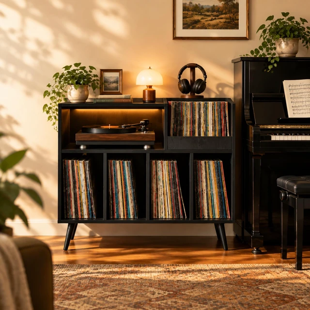 Alt view image 6 of 7 - Large Record Player Stand with Built-in Outlet and LED Light, Black Holds Up to 350 Albums, Record Player Table Cabinet with Open Vinyl, Wood Turntable Stand with Display Shelf for Living Room