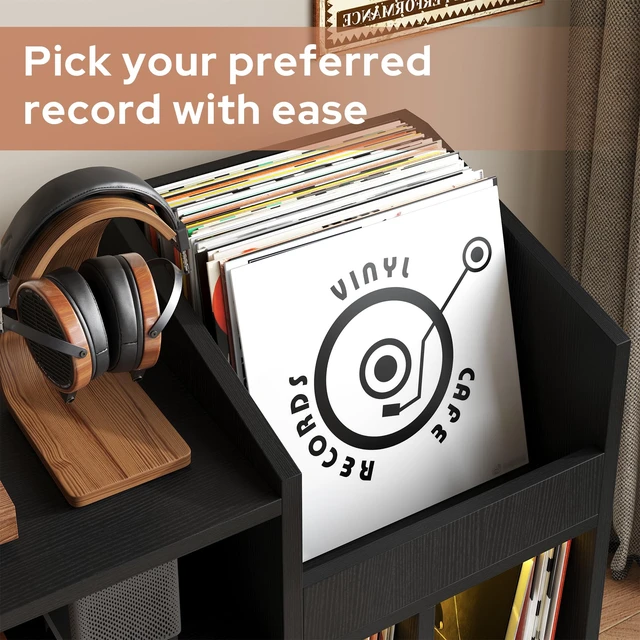 Alt view image 7 of 7 - Large Record Player Stand with Built-in Outlet and LED Light, Black Holds Up to 350 Albums, Record Player Table Cabinet with Open Vinyl, Wood Turntable Stand with Display Shelf for Living Room