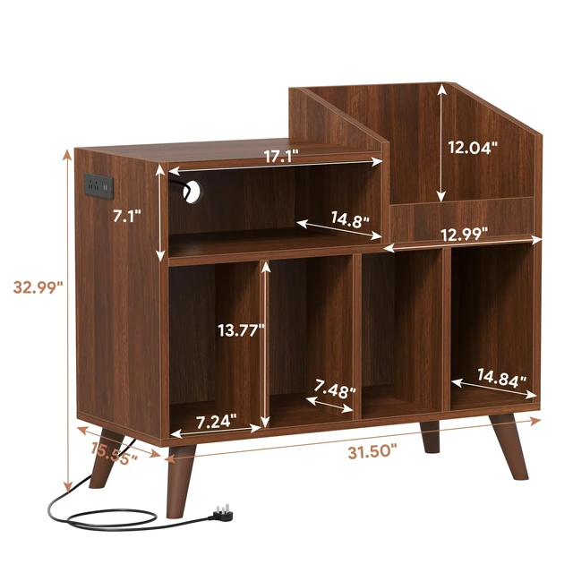 Alt view image 2 of 7 - Large Record Player Stand with Built-in Outlet and LED Light, Walnut Holds Up to 350 Albums, Record Player Table Cabinet with Open Vinyl, Wood Turntable Stand with Display Shelf for Living Room