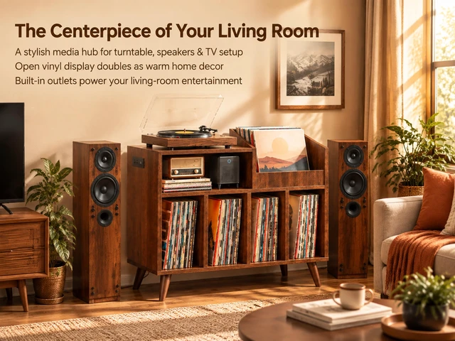 Alt view image 3 of 7 - Large Record Player Stand with Built-in Outlet and LED Light, Walnut Holds Up to 350 Albums, Record Player Table Cabinet with Open Vinyl, Wood Turntable Stand with Display Shelf for Living Room