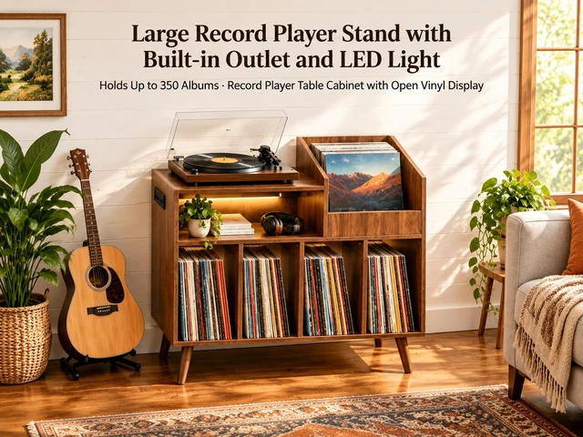Alt view image 4 of 7 - Large Record Player Stand with Built-in Outlet and LED Light, Walnut Holds Up to 350 Albums, Record Player Table Cabinet with Open Vinyl, Wood Turntable Stand with Display Shelf for Living Room