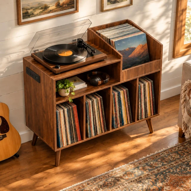 Alt view image 5 of 7 - Large Record Player Stand with Built-in Outlet and LED Light, Walnut Holds Up to 350 Albums, Record Player Table Cabinet with Open Vinyl, Wood Turntable Stand with Display Shelf for Living Room