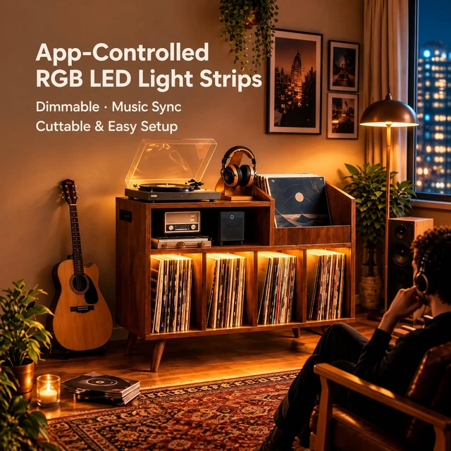 Alt view image 6 of 7 - Large Record Player Stand with Built-in Outlet and LED Light, Walnut Holds Up to 350 Albums, Record Player Table Cabinet with Open Vinyl, Wood Turntable Stand with Display Shelf for Living Room