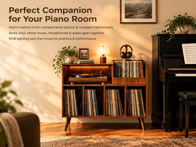 Alt view image 7 of 7 - Large Record Player Stand with Built-in Outlet and LED Light, Walnut Holds Up to 350 Albums, Record Player Table Cabinet with Open Vinyl, Wood Turntable Stand with Display Shelf for Living Room