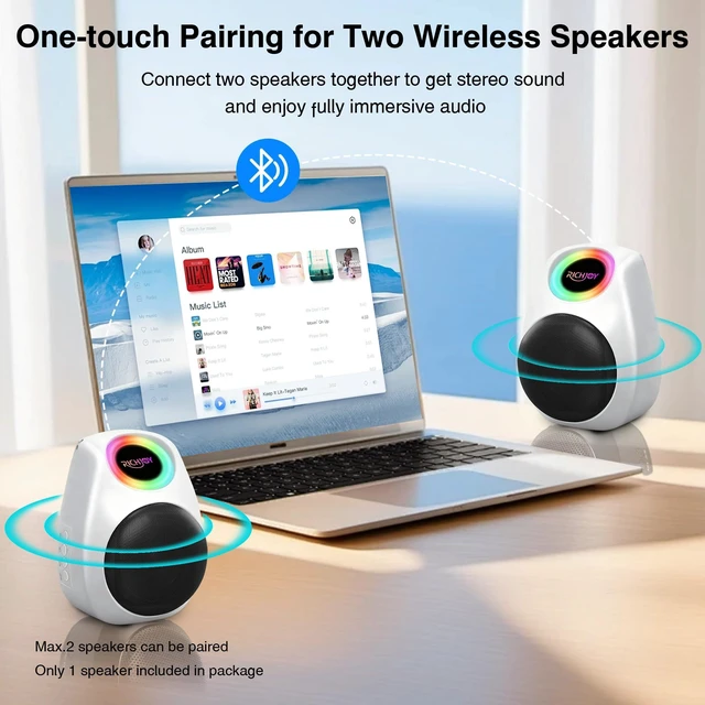 Alt view image 3 of 7 - Wireless Bluetooth Speaker TWS Dual Pairing Portable Speaker with Colorful Lights BT5.3,Support TF Card,MP3 Player,AUX Input,4000mAh Long Battery Life for Home Garden Camping (White)