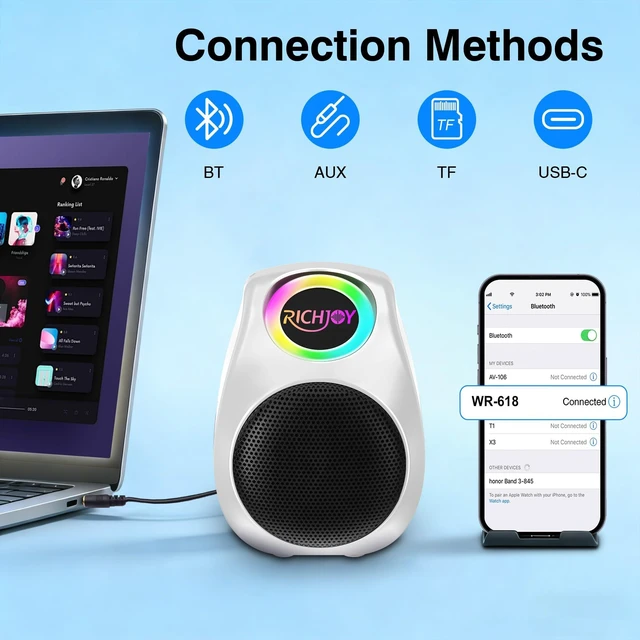 Alt view image 5 of 7 - Wireless Bluetooth Speaker TWS Dual Pairing Portable Speaker with Colorful Lights BT5.3,Support TF Card,MP3 Player,AUX Input,4000mAh Long Battery Life for Home Garden Camping (White)