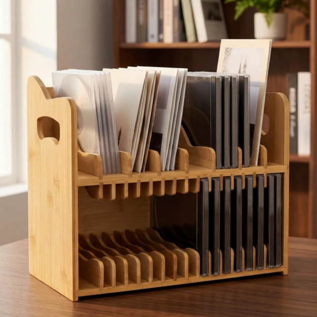 Main image of CD Holder Rack, 2-tier Bamboo DVD Organizer with Handle Solid Cassette Display Book Shelf for Movie Cases Tape