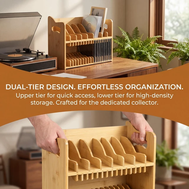 Alt view image 2 of 7 - CD Holder Rack, 2-tier Bamboo DVD Organizer with Handle Solid Cassette Display Book Shelf for Movie Cases Tape