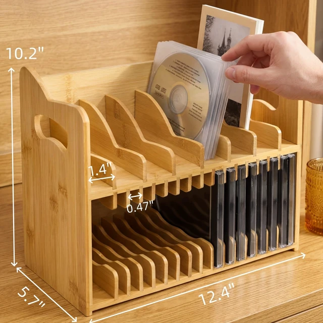 Alt view image 3 of 7 - CD Holder Rack, 2-tier Bamboo DVD Organizer with Handle Solid Cassette Display Book Shelf for Movie Cases Tape