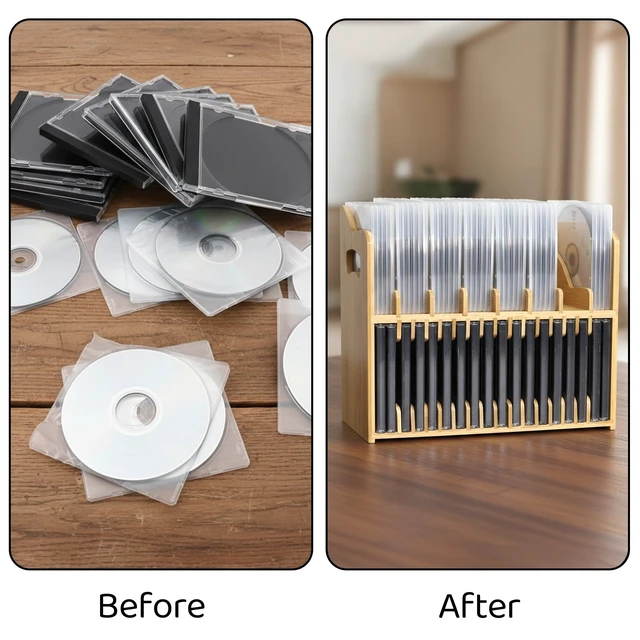 Alt view image 5 of 7 - CD Holder Rack, 2-tier Bamboo DVD Organizer with Handle Solid Cassette Display Book Shelf for Movie Cases Tape