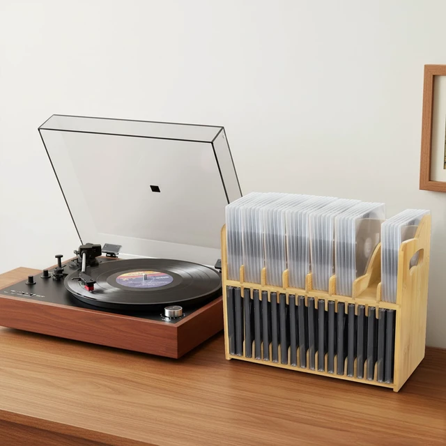 Alt view image 6 of 7 - CD Holder Rack, 2-tier Bamboo DVD Organizer with Handle Solid Cassette Display Book Shelf for Movie Cases Tape
