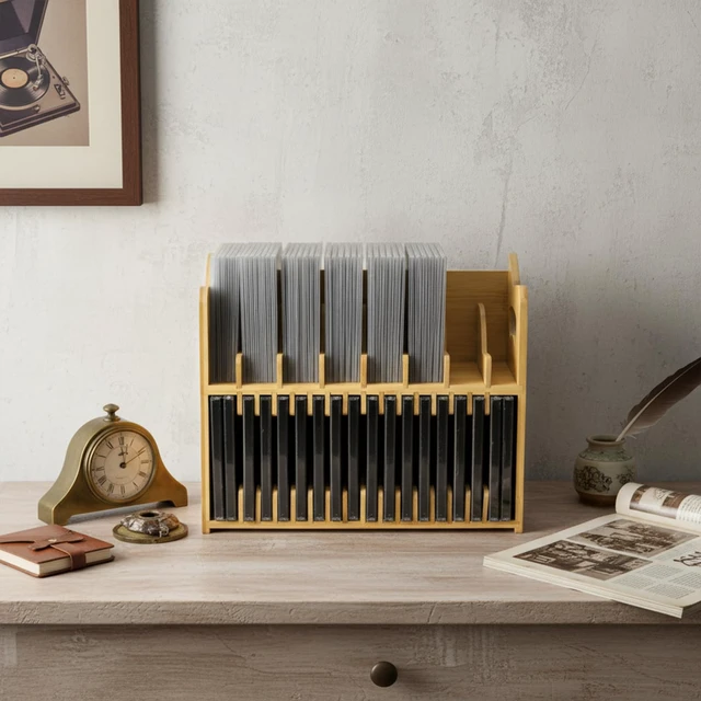 Alt view image 7 of 7 - CD Holder Rack, 2-tier Bamboo DVD Organizer with Handle Solid Cassette Display Book Shelf for Movie Cases Tape