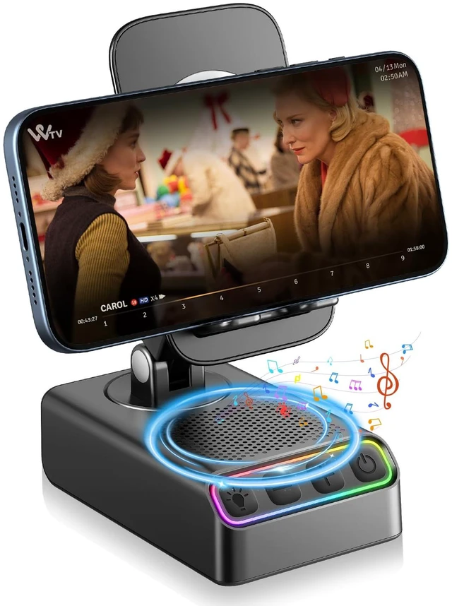 Main image of Adjustable Cell Phone Stand with Wireless Induction Bluetooth Speaker, HD Surround Sound & RGB Rhythm Lights, Foldable Portable Stand for Desk, Kitchen Counter, Home Office, Black