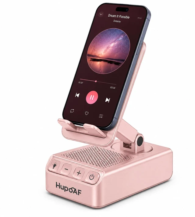 Main image of 2026 Gifts for Mom Dad, Adjustable Cell Phone Stand with Wireless Induction Bluetooth Speaker, HD Surround Sound & RGB Rhythm Lights, Foldable Portable Stand for Desk, Kitchen Counter, Home Office