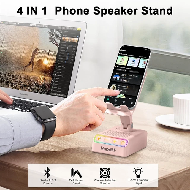 Alt view image 2 of 7 - 2026 Gifts for Mom Dad, Adjustable Cell Phone Stand with Wireless Induction Bluetooth Speaker, HD Surround Sound & RGB Rhythm Lights, Foldable Portable Stand for Desk, Kitchen Counter, Home Office