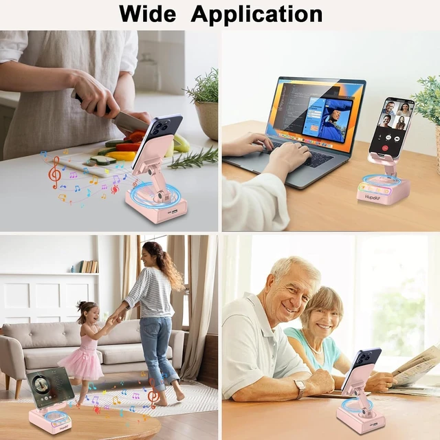 Alt view image 4 of 7 - 2026 Gifts for Mom Dad, Adjustable Cell Phone Stand with Wireless Induction Bluetooth Speaker, HD Surround Sound & RGB Rhythm Lights, Foldable Portable Stand for Desk, Kitchen Counter, Home Office