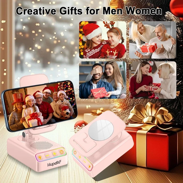 Alt view image 5 of 7 - 2026 Gifts for Mom Dad, Adjustable Cell Phone Stand with Wireless Induction Bluetooth Speaker, HD Surround Sound & RGB Rhythm Lights, Foldable Portable Stand for Desk, Kitchen Counter, Home Office