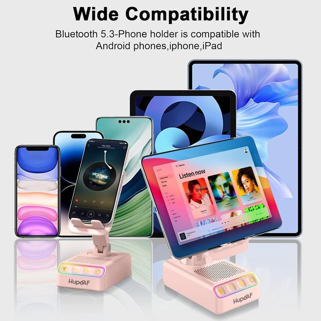 Alt view image 6 of 7 - 2026 Gifts for Mom Dad, Adjustable Cell Phone Stand with Wireless Induction Bluetooth Speaker, HD Surround Sound & RGB Rhythm Lights, Foldable Portable Stand for Desk, Kitchen Counter, Home Office