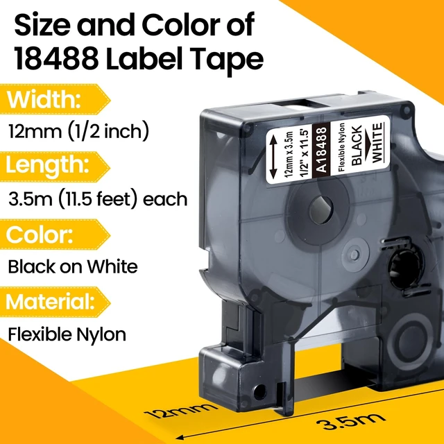 Alt view image 2 of 7 - Replace for Dymo 18488 Rhino Industrial Flexible Nylon Labels 1/2" x 11.5' 6-Pack White Flexible Nylon Labels Compatible with Dymo Rhino 4200 5200 5000 6000 Label Maker