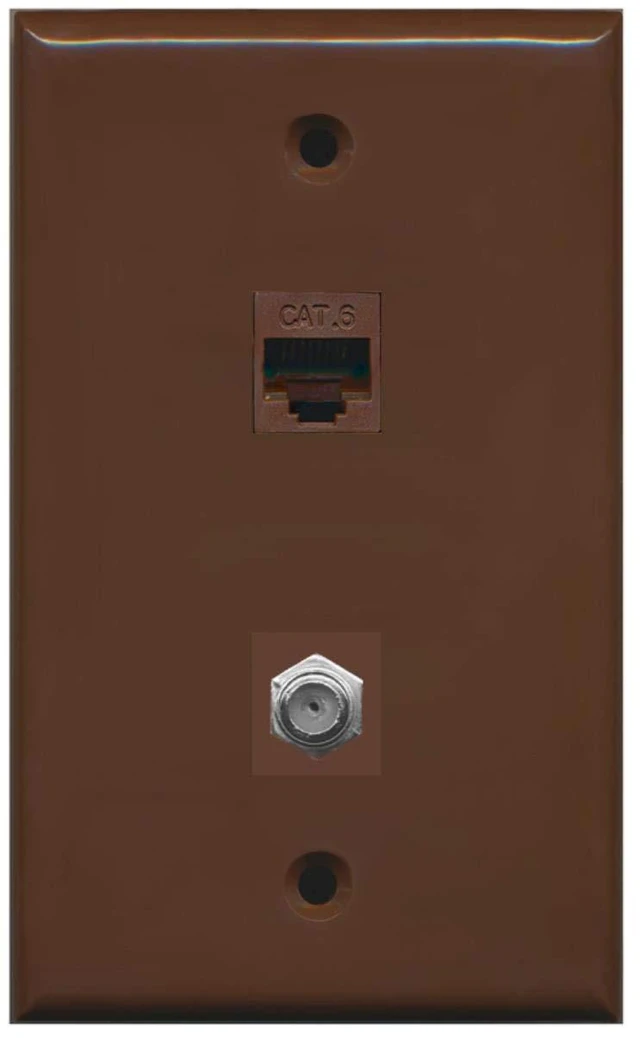 Main image of 1 Port Coax Cable TV- F-Type 1 Port Cat6 Ethernet Wall Plate - Brown