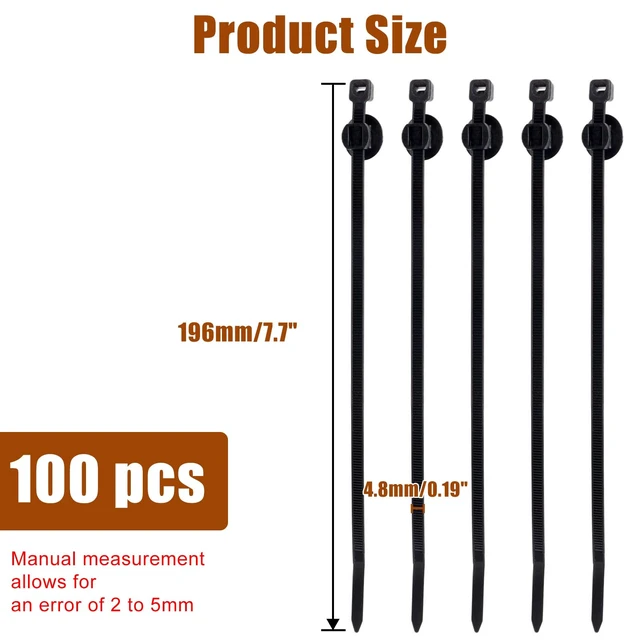 Alt view image 2 of 6 - Cable Zip Ties 8 Inch, Black Zip Ties with Retainer - Fir Tree Nylon Push Mount Head Electrical Zip Tie Wire Clip Holder Adjustable Self Locking (100 Pack)