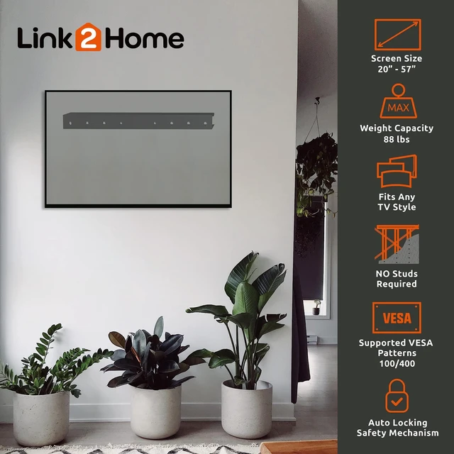 Alt view image 2 of 7 - Fixed TV Wall Mount up to 57 inch, Mount Directly on Sheetrock or Plasterboard Walls, No Studs Required, Up to 88 lbs. VESA 100/400, fits LED, LCD, OLED, Flat and Curved TVs, Black Aluminum