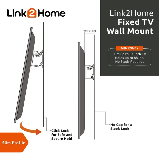 Alt view image 3 of 7 - Fixed TV Wall Mount up to 57 inch, Mount Directly on Sheetrock or Plasterboard Walls, No Studs Required, Up to 88 lbs. VESA 100/400, fits LED, LCD, OLED, Flat and Curved TVs, Black Aluminum