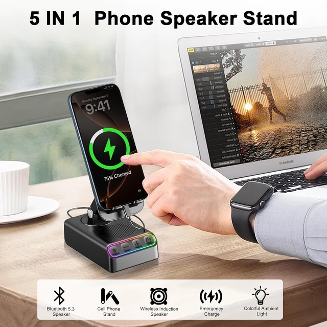 Alt view image 2 of 7 - Adjustable Cell Phone Stand with Wireless Induction Bluetooth Speaker, HD Surround Sound & RGB Rhythm Lights, Foldable Portable Stand for Desk, Kitchen Counter, Home Office, Black