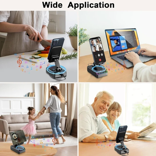Alt view image 4 of 7 - Adjustable Cell Phone Stand with Wireless Induction Bluetooth Speaker, HD Surround Sound & RGB Rhythm Lights, Foldable Portable Stand for Desk, Kitchen Counter, Home Office, Black