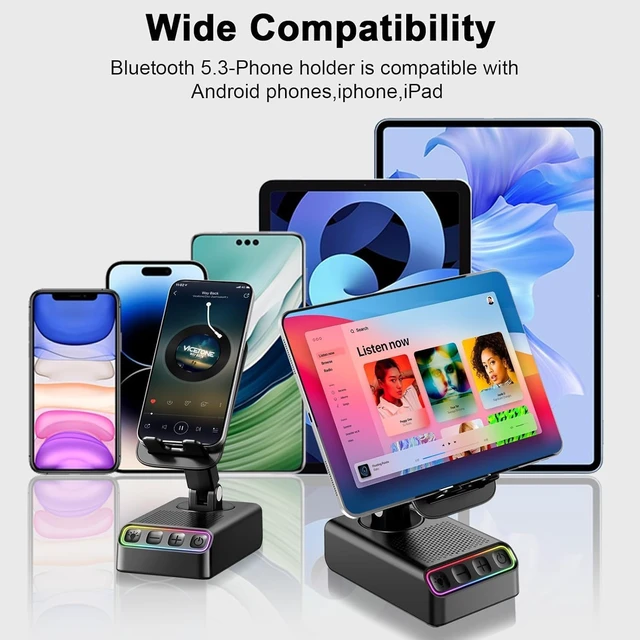 Alt view image 6 of 7 - Adjustable Cell Phone Stand with Wireless Induction Bluetooth Speaker, HD Surround Sound & RGB Rhythm Lights, Foldable Portable Stand for Desk, Kitchen Counter, Home Office, Black