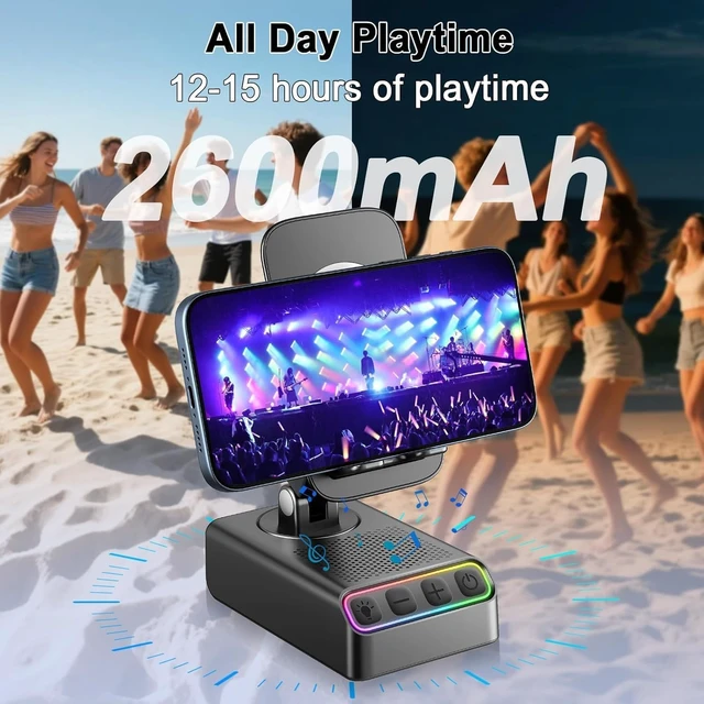 Alt view image 7 of 7 - Adjustable Cell Phone Stand with Wireless Induction Bluetooth Speaker, HD Surround Sound & RGB Rhythm Lights, Foldable Portable Stand for Desk, Kitchen Counter, Home Office, Black