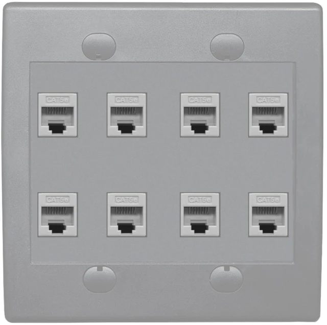 Main image of 8 Port Flat Dual 2 Gang Ethernet Cat5e RJ45 Network Wall Plate - Gray