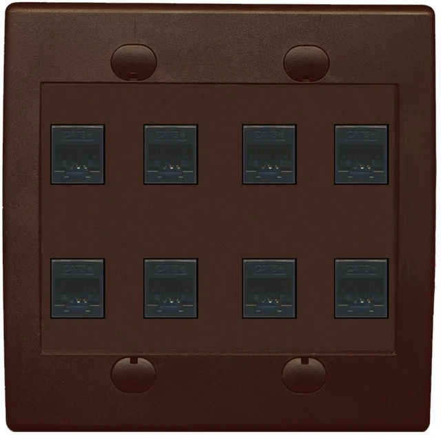 Main image of 8 Port Flat Dual 2 Gang Ethernet Cat5e RJ45 Network Wall Plate - Brown