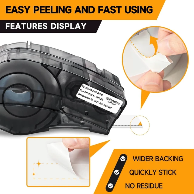 Alt view image 3 of 7 - Replacement for Tape M21-500-595-WT, All-Weather Vinyl 1/2" W 21' L Black on White Compatible with M210 and M210-LAB Printer, for Indoor/Outdoor Labels, 1Pcs