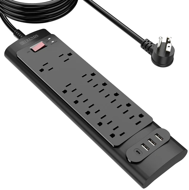 Main image of Surge Protector Power Strip - Flat Plug Extension Cord with 12 Outlets and 3 USB Ports & 1 USB-C Port (5V/3A), 6 Feet Power Cord, Spaced Outlets & ETL Listed Power Outlet for Home Office