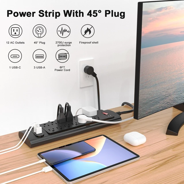Alt view image 3 of 7 - Surge Protector Power Strip - Flat Plug Extension Cord with 12 Outlets and 3 USB Ports & 1 USB-C Port (5V/3A), 6 Feet Power Cord, Spaced Outlets & ETL Listed Power Outlet for Home Office